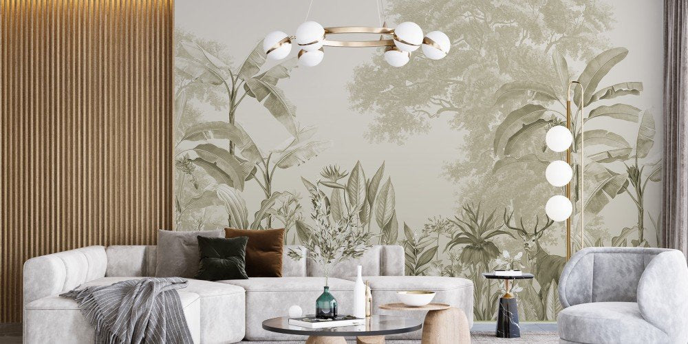 dears in tropical lines green bedroom wallpaper