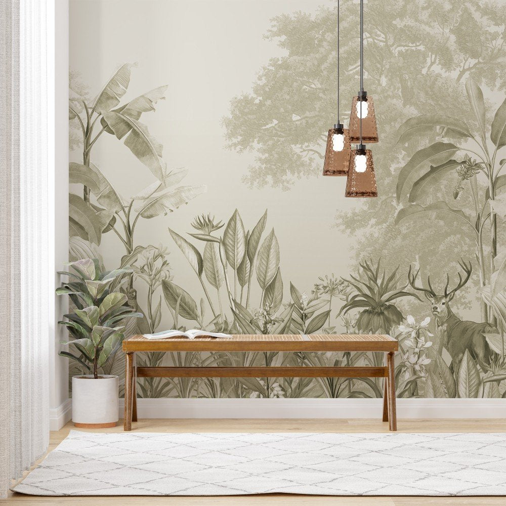 dears in tropical lines green bedroom wallpaper