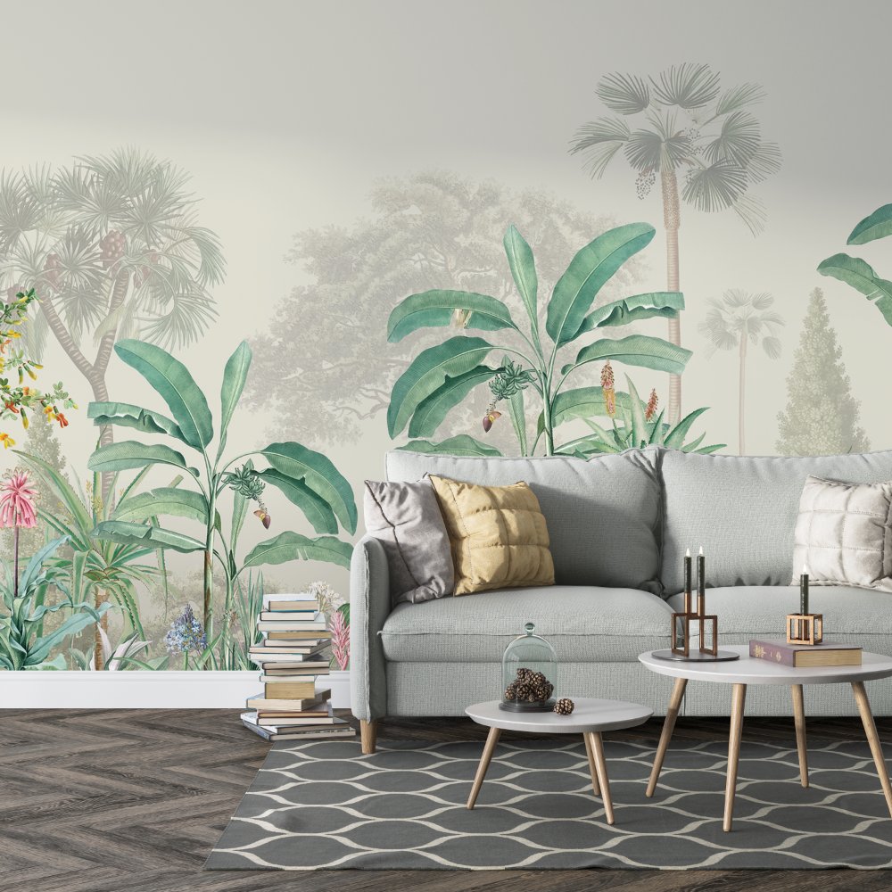 Tropical plants leaves lines art- Green Tone bedroom wallpaper