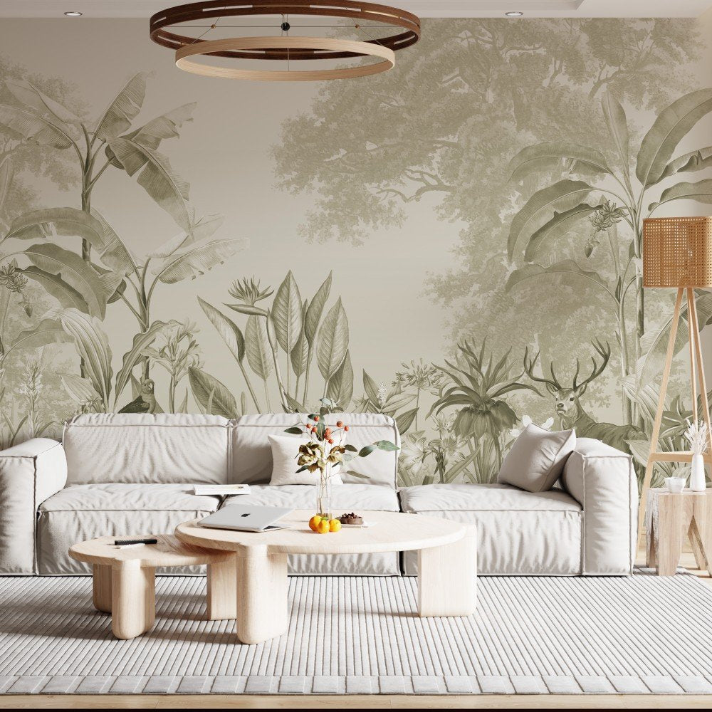 dears in tropical lines green bedroom wallpaper