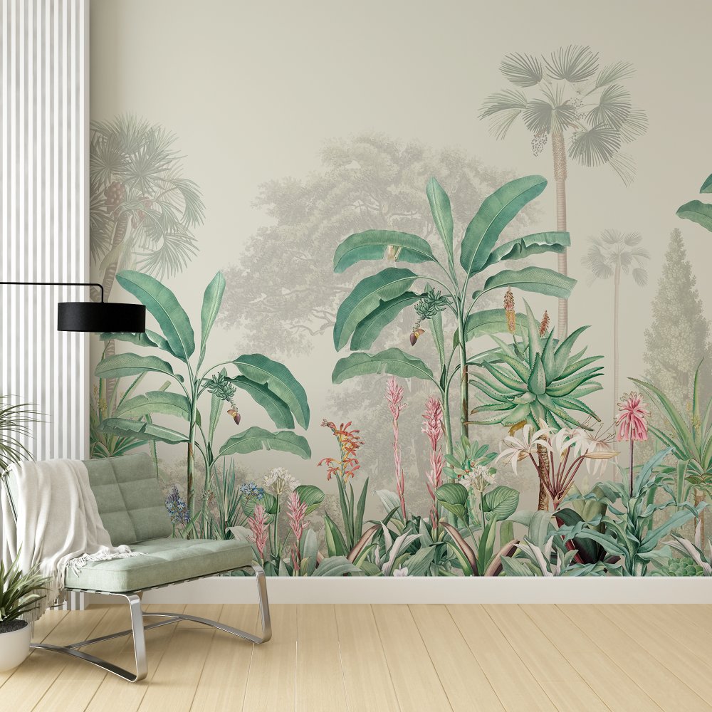 Tropical plants leaves lines art- Green Tone bedroom wallpaper