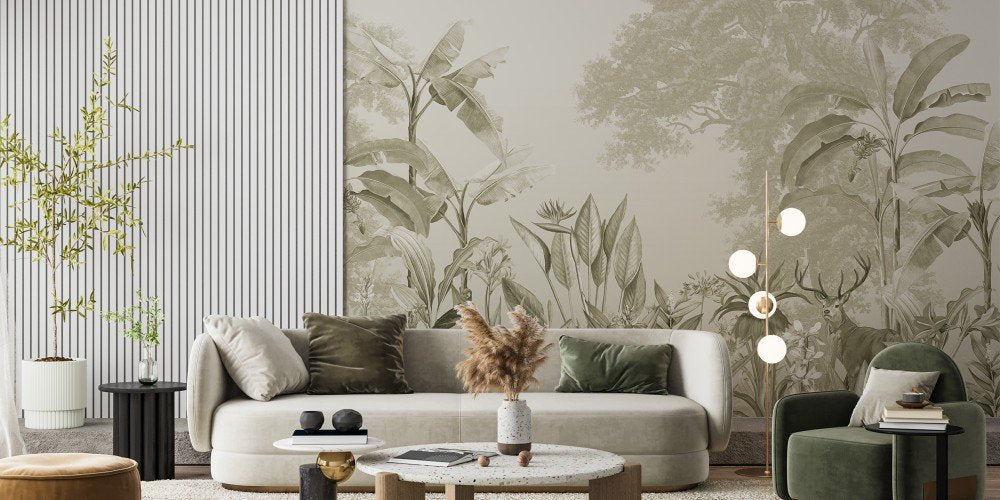 dears in tropical lines green bedroom wallpaper