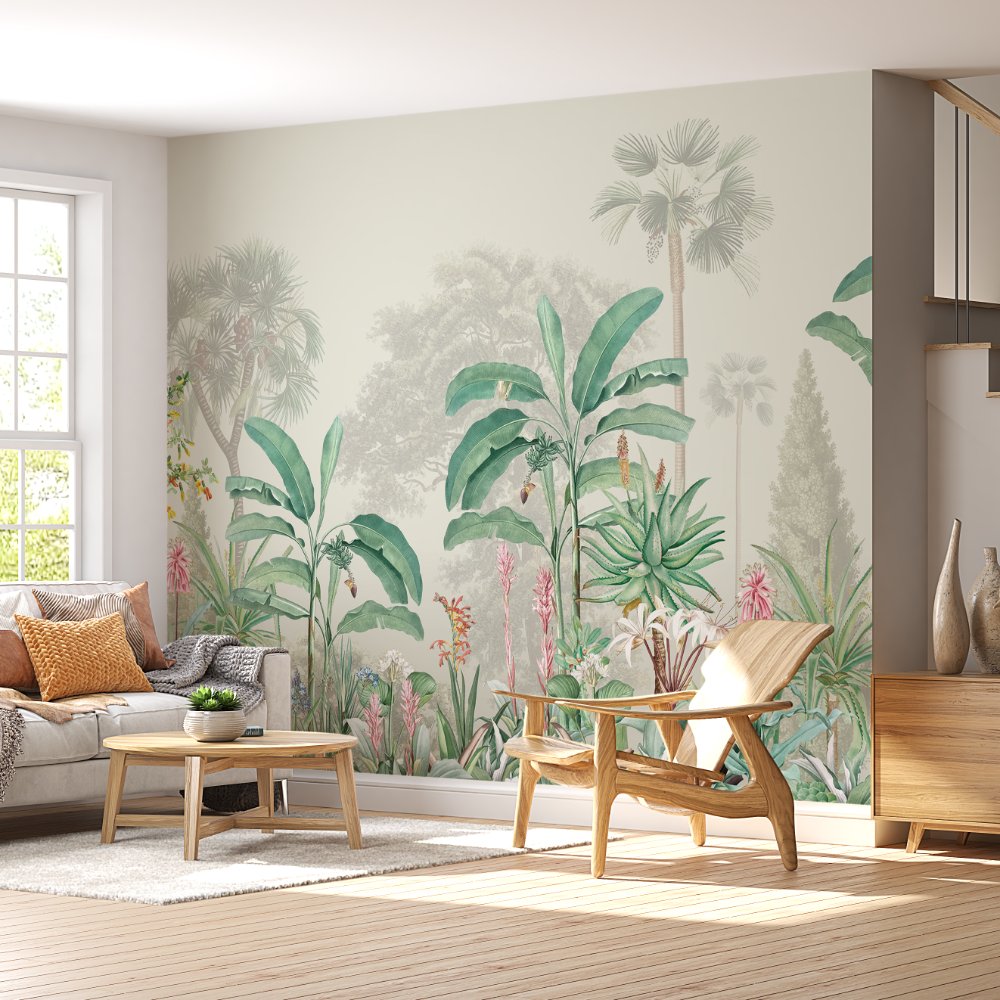 Tropical plants leaves lines art- Green Tone bedroom wallpaper