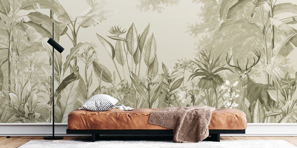 dears in tropical lines green bedroom wallpaper