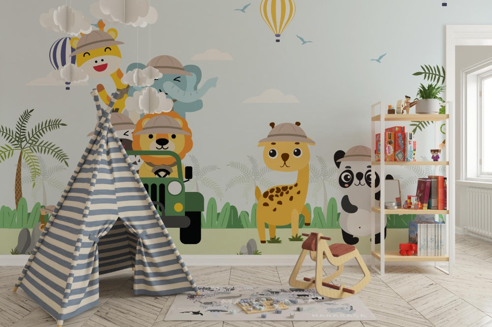 Animal Camping kids room wallpaper