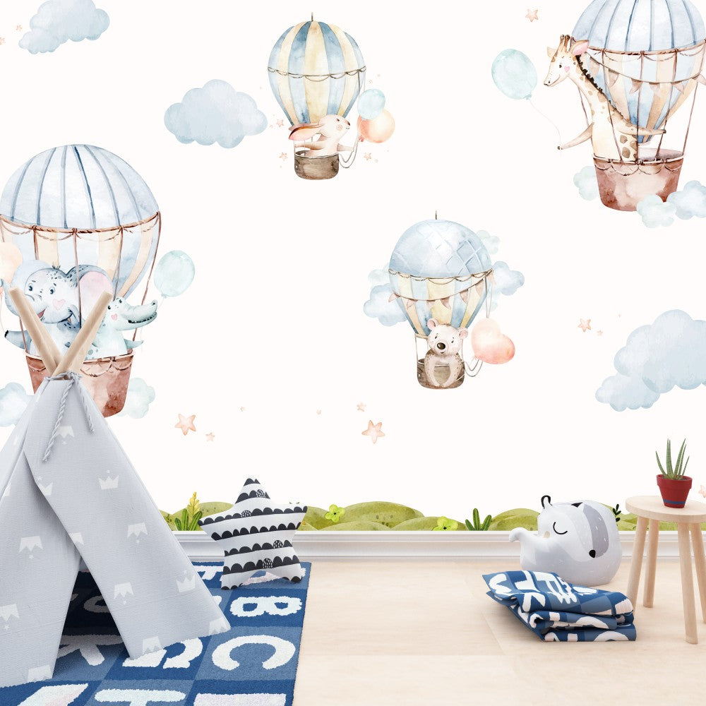 Cute Animals On Hot Air Balloon Kids Room Wallpaper