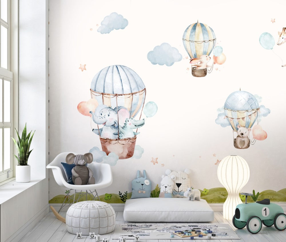 Cute Animals On Hot Air Balloon Kids Room Wallpaper