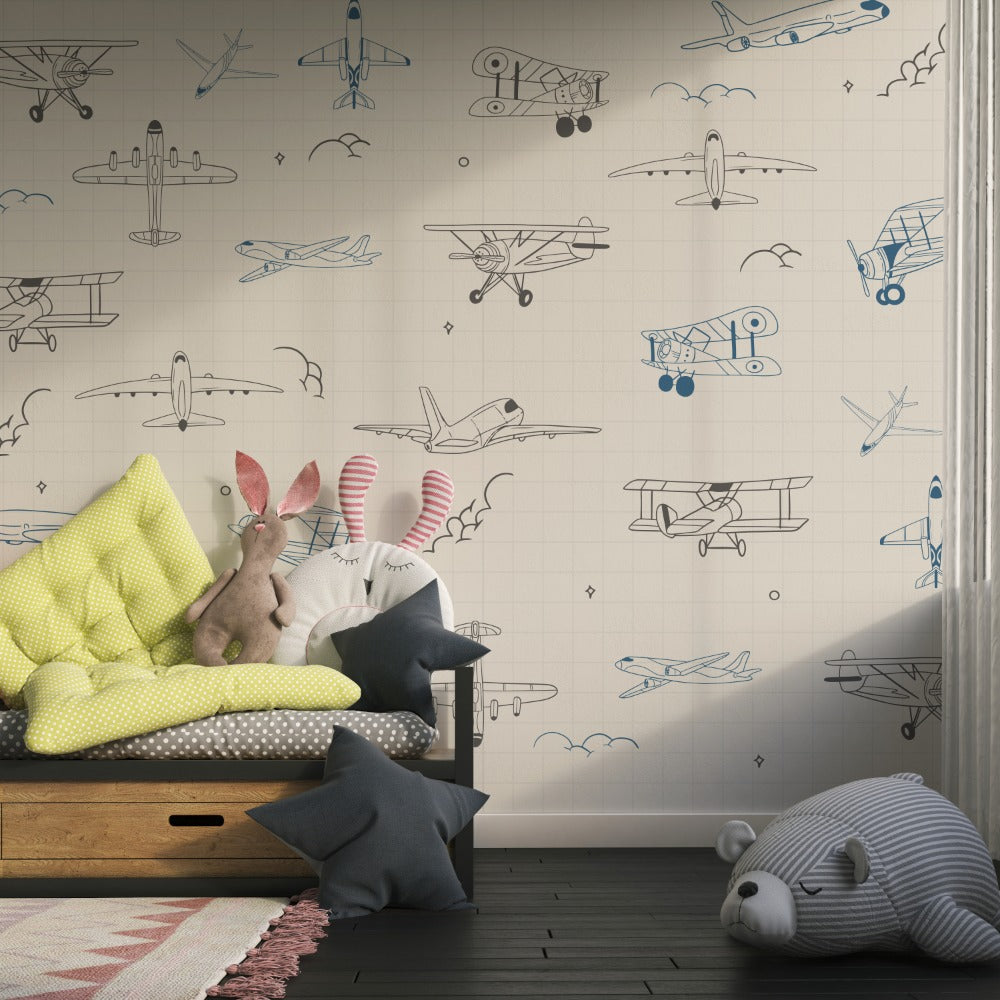 It in the Air- vintage plane kids room wallpaper