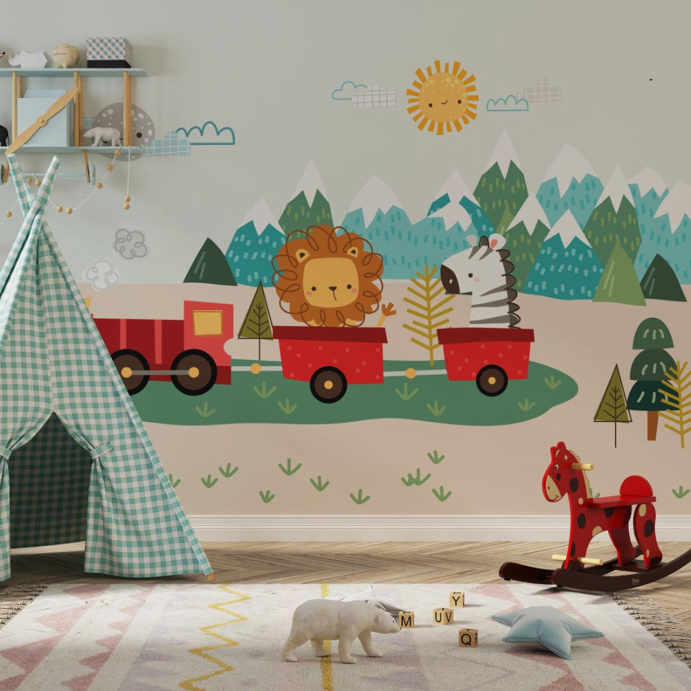 Cute Animals Rail Gadi (Train) Wallpaper For Kids Room