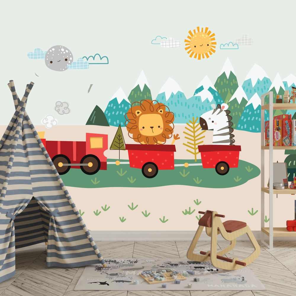 Cute Animals Rail Gadi (Train) Wallpaper For Kids Room