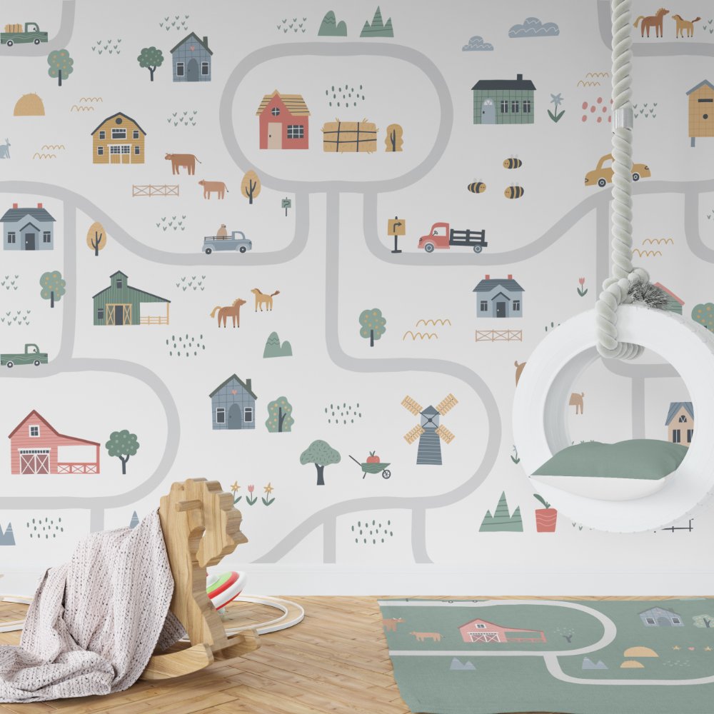 Cute Cars And Road Network Kids Room Wallpaper