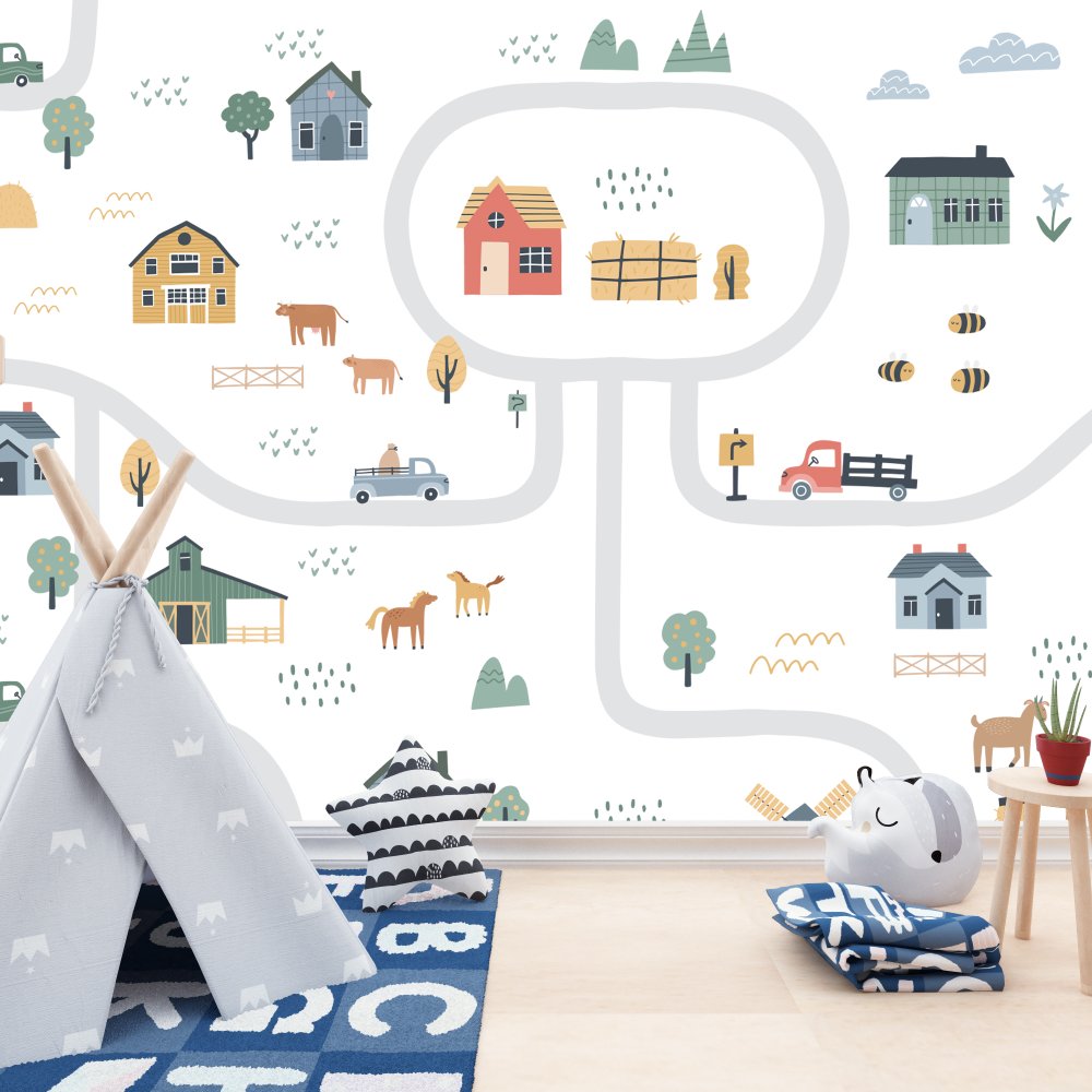 Cute Cars And Road Network Kids Room Wallpaper