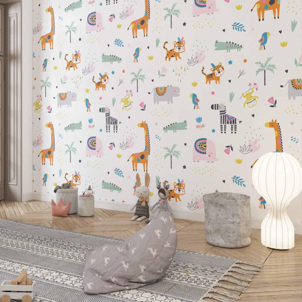 African Jungle Theme Animals Wallpaper for Kids Room Walls