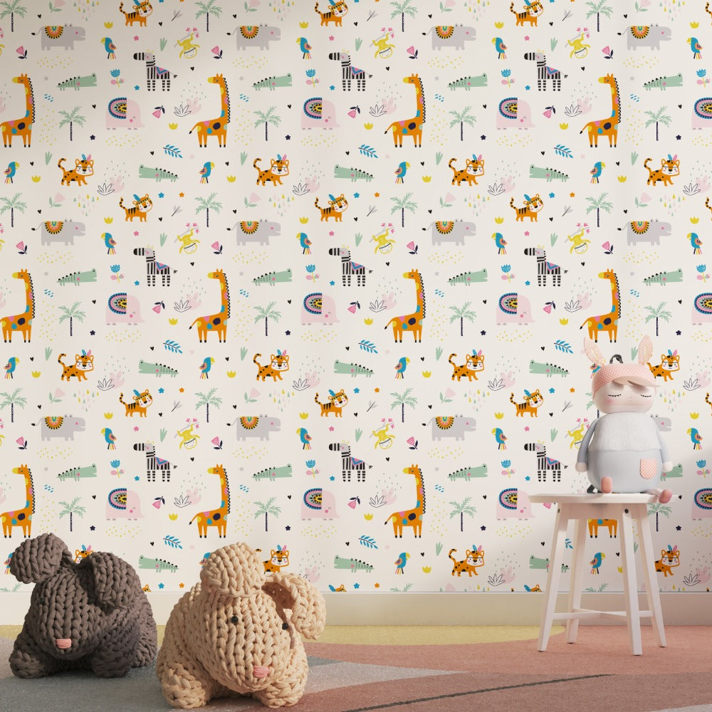 African Jungle Theme Animals Wallpaper for Kids Room Walls