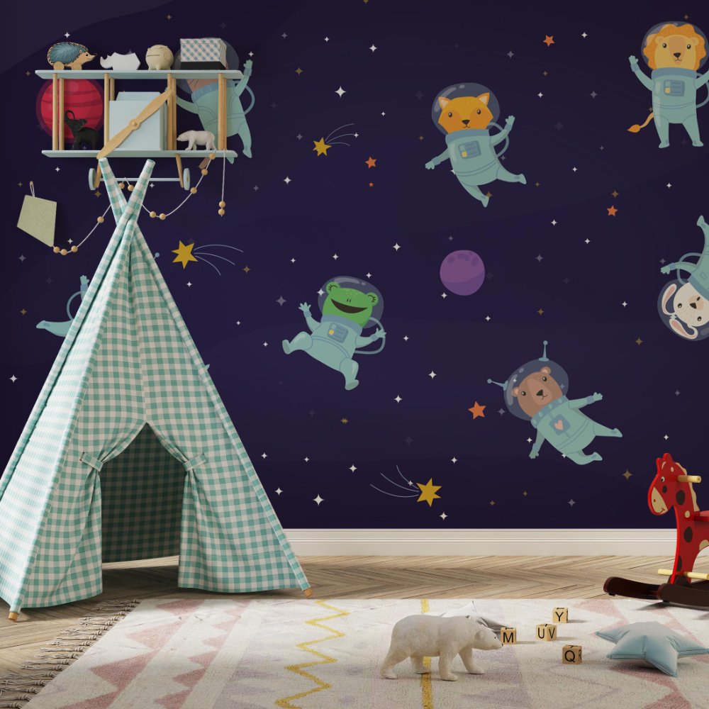 Moon Walk, Cute kids Room Wallpaper, Blue