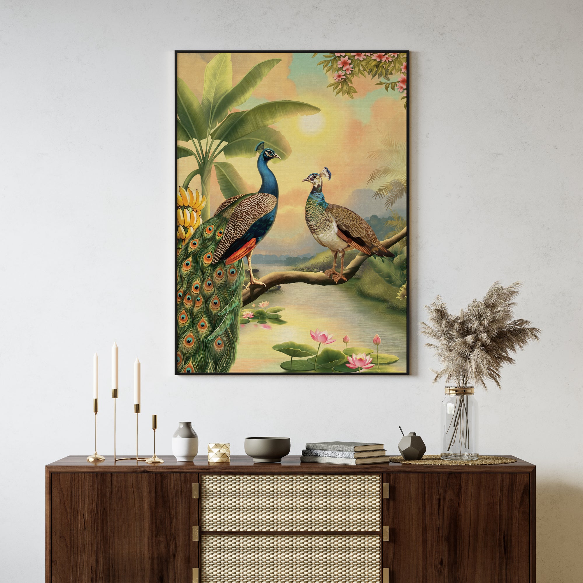 Lotus & Peacock Feathers Wall Art