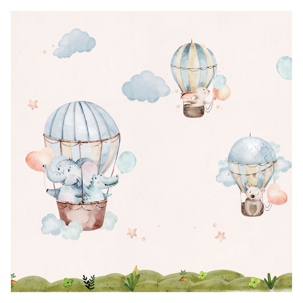 Cute Animals On Hot Air Balloon Kids Room Wallpaper