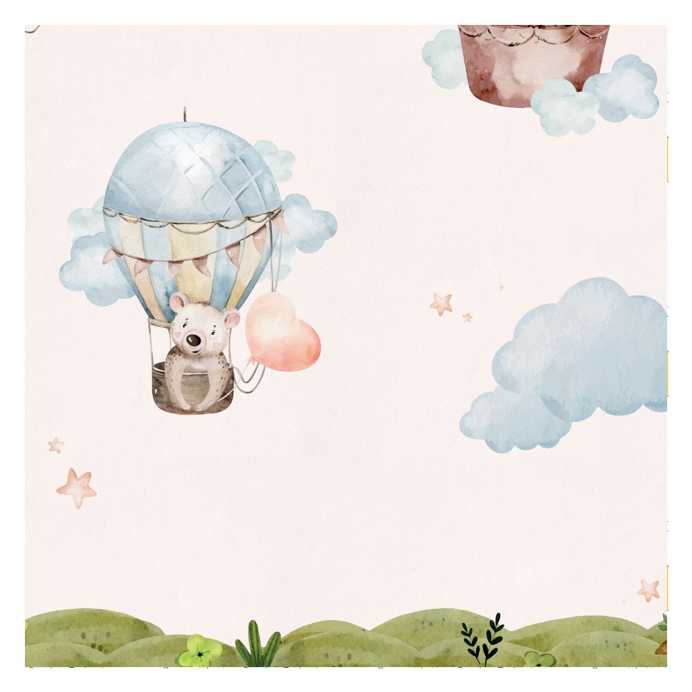 Cute Animals On Hot Air Balloon Kids Room Wallpaper